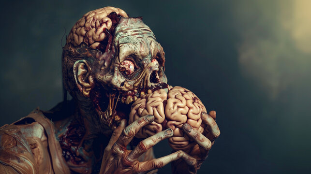 Zombie holding and eating a brain with both hands