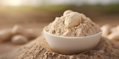Fototapeta premium Create hyperrealistic digital rendering of Maca root extract emphasizing textures and colors. Concept Maca Root Extract, Hyperrealistic Rendering, Textures, Colors, Digital Art