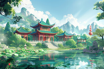 Pavilions in mountainous areas, Chinese painting