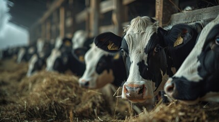 A dairy farm with sick cows eating hay in a dirty barn - agriculture, problems, agriculture and animal husbandry