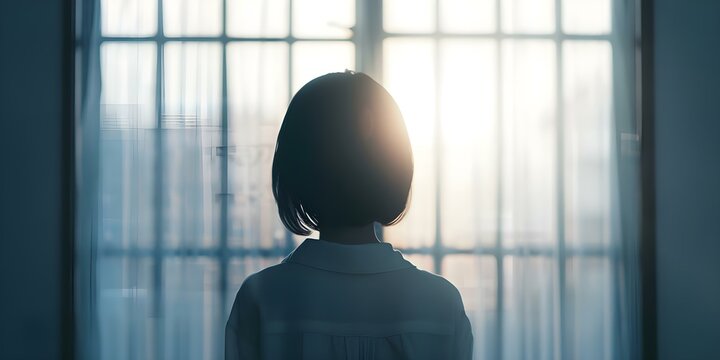 Anime figure in Japan gazes out window against looping background animation. Concept Anime, Figure, Japan, Window, Animation