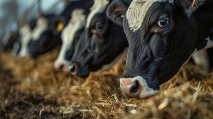 A dairy farm with sick cows eating hay in a dirty barn - agriculture, problems, agriculture and animal husbandry
