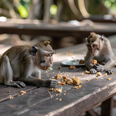 That sounds cute! When two monkeys are eating together, they might be sharing food, competing for a tasty treat, or just enjoying their meal side by side. Social interactions during feeding can be qui
