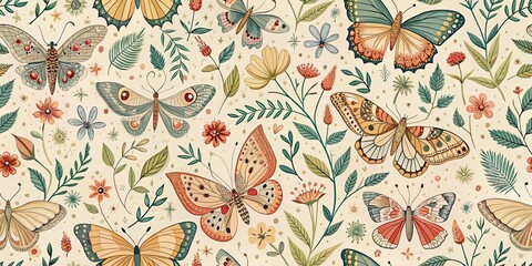 Whimsical cottagecore pattern with delicate butterflies and moths, cottagecore, seamless, pattern, butterflies, moths, whimsical