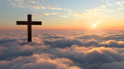 A wooden cross ascends above fluffy clouds with a radiant sunset in the background.