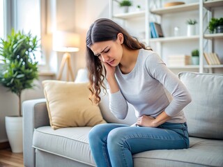 Fototapeta premium Woman suffering from stomach pain sitting on sofa.