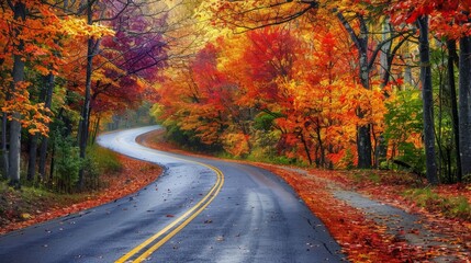 A picturesque autumn road with trees ablaze in shades of red, orange, and yellow, perfect for a fall drive.