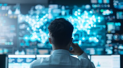 Man analyzing global data on multiple screens in a modern control room, highlighting data analysis and technology integration.