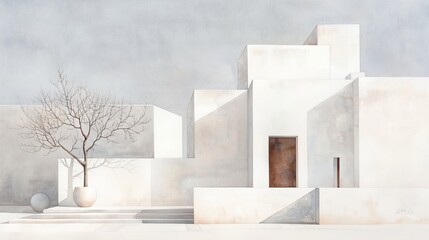 Minimalist desert architecture with white geometric buildings, a solitary tree, and clear sky, evoking tranquility and simplicity.