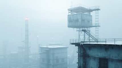 Misty, industrial landscape with fog-shrouded structures, conveying isolation and mystery in an urban environment.