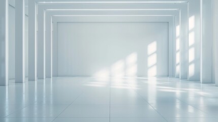 Minimalistic white empty room with natural light through windows. Clean, modern interior showcasing simplicity and spaciousness.