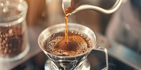 Barista pours hot water over coffee grounds for fresh drip coffee. Concept Coffee brewing, Barista skills, Drip coffee, Specialty coffee, Coffee making