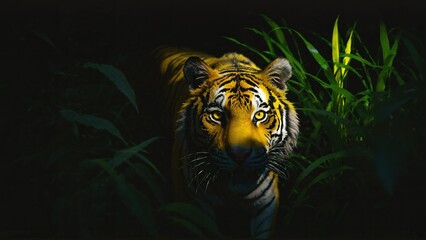 Obraz premium Generative AI, Silent Majesty: The Enigmatic Tiger's Stealthy Journey Through the Jungle Night