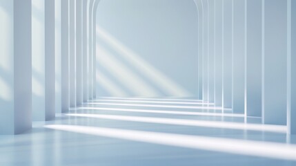 Obraz premium Modern minimalistic hallway with sunlight casting geometric shadows through the arches, creating a serene and futuristic ambiance.