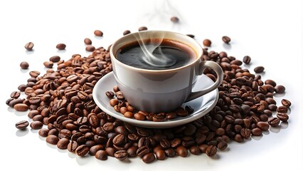 Fototapeta premium Hot Coffee Cup on Coffee Beans.