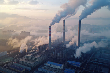 Bird's-eye view of the chimney of the power plant emitting thick smoke