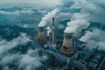 Bird's-eye view of the chimney of the power plant emitting thick smoke