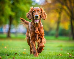 Happy Irish Setter Running in a Park.