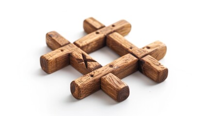 Wooden tic tac toe game for kids on white background Child s developmental pastime with XO symbols Space for text