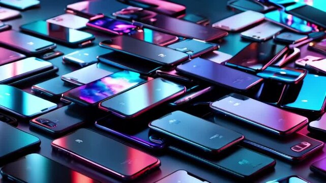 A pile of many mobile phones on a table. The background features various types and models of smartphones.