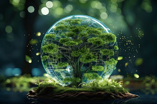 The concept of integrating AI technology for sustainability and greener Earth. Ecological, environment, conservation, futuristic, eco-conscious, global, advancement, green initiatives, smart solutions
