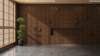 Empty oriental Japanese style room with drawer wall, dracaena tree in sunlight from shoji window for interior design decoration, product background 3D
