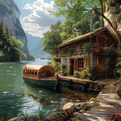 Obraz premium Serene Living on the Water: A Houseboat Docked at a Peaceful Riverfront