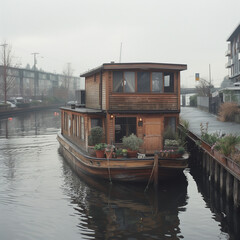 Obraz premium Urban Serenity: A Houseboat Moored at a City Dock - A Unique Living Perspective
