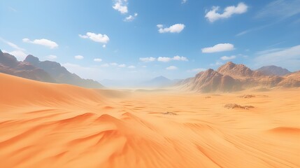 Fototapeta premium Vast, Sandy Desert Landscape with Mountain Range in Distance.
