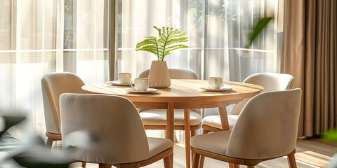 Fototapeta premium Japandi dining room design with beige chairs and round wooden table. Concept Interior Design, Japandi Style, Dining Room Decor, Beige Chairs, Round Wooden Table