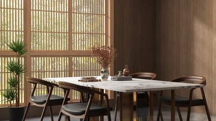 Oriental, luxury wood panelling wall dining room with white marble top dining table and wooden chair, bonsai tree in sunlight from shoji window for interior design decoration, product background 3D