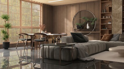 Fototapeta premium Oriental, luxury wood panelling living room and dining room with brown wooden dining table and chair, sofa in sunlight from shoji window for interior design decoration, product background 3D