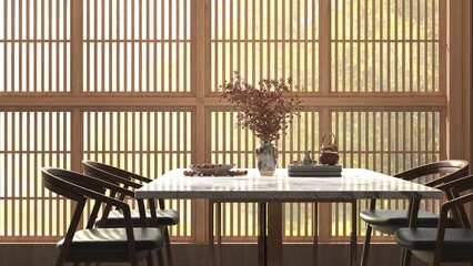 Oriental, luxury wood panelling wall dining room with white marble top dining table and wooden chair, bonsai tree in sunlight from shoji window for interior design decoration, product background 3D