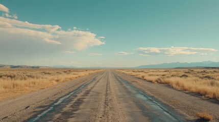 Fototapeta premium A road in the middle of nowhere, surrounded by nothing but open plains and a vast, endless sky, evoking a sense of freedom.