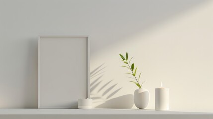 White table mockup with candle and frame Option for text front view