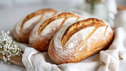Three freshly baked artisanal bread loaves placed together on a soft white cloth, surrounded by delicate flowers.