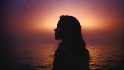 Fototapeta premium generative ai, Serene Contemplation: A Woman's Silhouette Against the Glowing Twilight Horizon