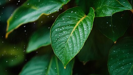 A stunningly realistic landscape painting of raindrops gently falling onto vibrant green leaves. Generative AI