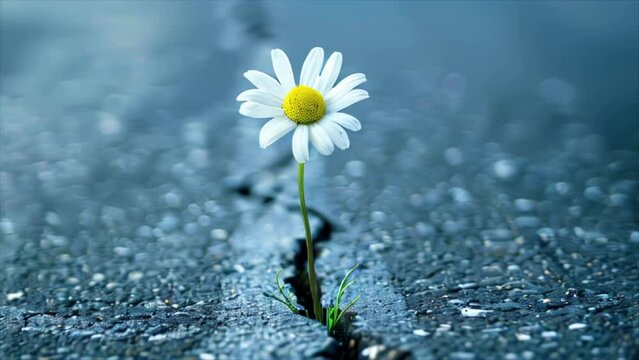 Daisy growing through a crack in the asphalt. Blooming chamomile flower on the grey road. Concept of life renewal 
