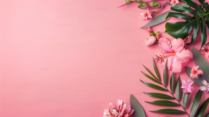 Fototapeta premium Tropical flowers and leaves on a pink background, ideal for spring or summer themes, nature and botanical designs.