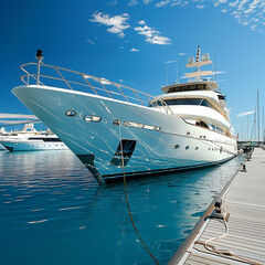 Naklejka premium Luxury at the Marina: A Motor Yacht Docked at a High-End Spot