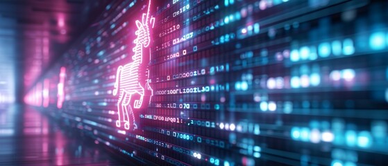 Obraz premium Vibrant, neon-lit digital unicorn hologram against a futuristic background of glowing data lines in a cybernetic virtual space.