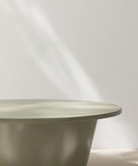 Modern, minimal sage green wooden pedestal table podium in dapple sunlight, shadow on white wall, beige floor for luxury organic cosmetic, skincare, body care, beauty product background 3D