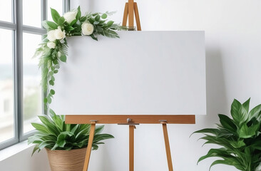 Horizontal Welcome wedding sign blank white Mockup, template stands on easel, against the backdrop of a bright large window and potted flowers
