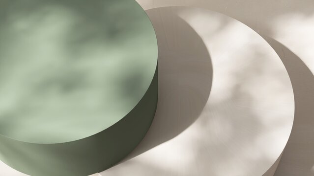 Fototapeta High angle of two modern and minimal green, white geometric round cylinder podium in sunlight on  countertop for luxury beauty, skincare, cosmetic, body care product display background 3D