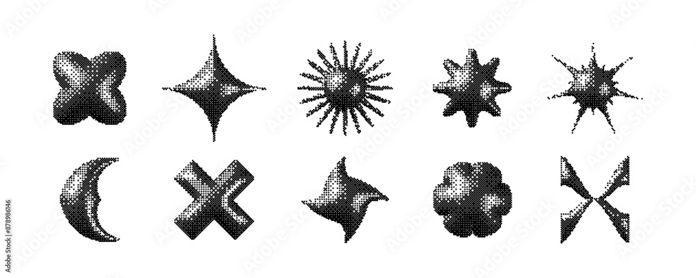 Poster pixelated 3d y2k shapes set. bitmap stars, flowers, sparkles element collection. retro 8 bit sticker