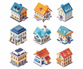 Fototapeta premium Isometric House Illustrations - Colorful Residential Building Collection - Perfect for Real Estate and Design Projects.