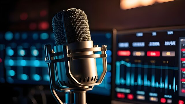 sophisticated broadcasting microphone in an audio creation environment featuring digital sound editing capabilities and abstract voice over waveforms. Podcasting idea.