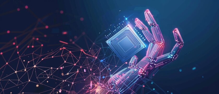 Abstract digital semiconductor hologram in technology hand. Humanoid hand holding computer chip. AI innovation concept. Tech bg. Artificial Intelligence Science background.