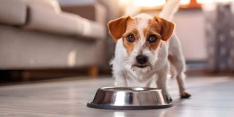 A small dog eagerly waiting to eat from his food bowl. Concept Pet Portraits, Hungry K9, Mealtime Anticipation